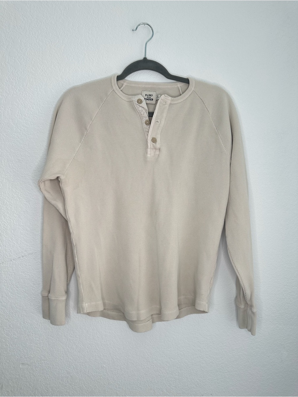 Flint and Tinder Men M Waffle Henley Shirt Oatmeal Beige Heavyweight Made in USA